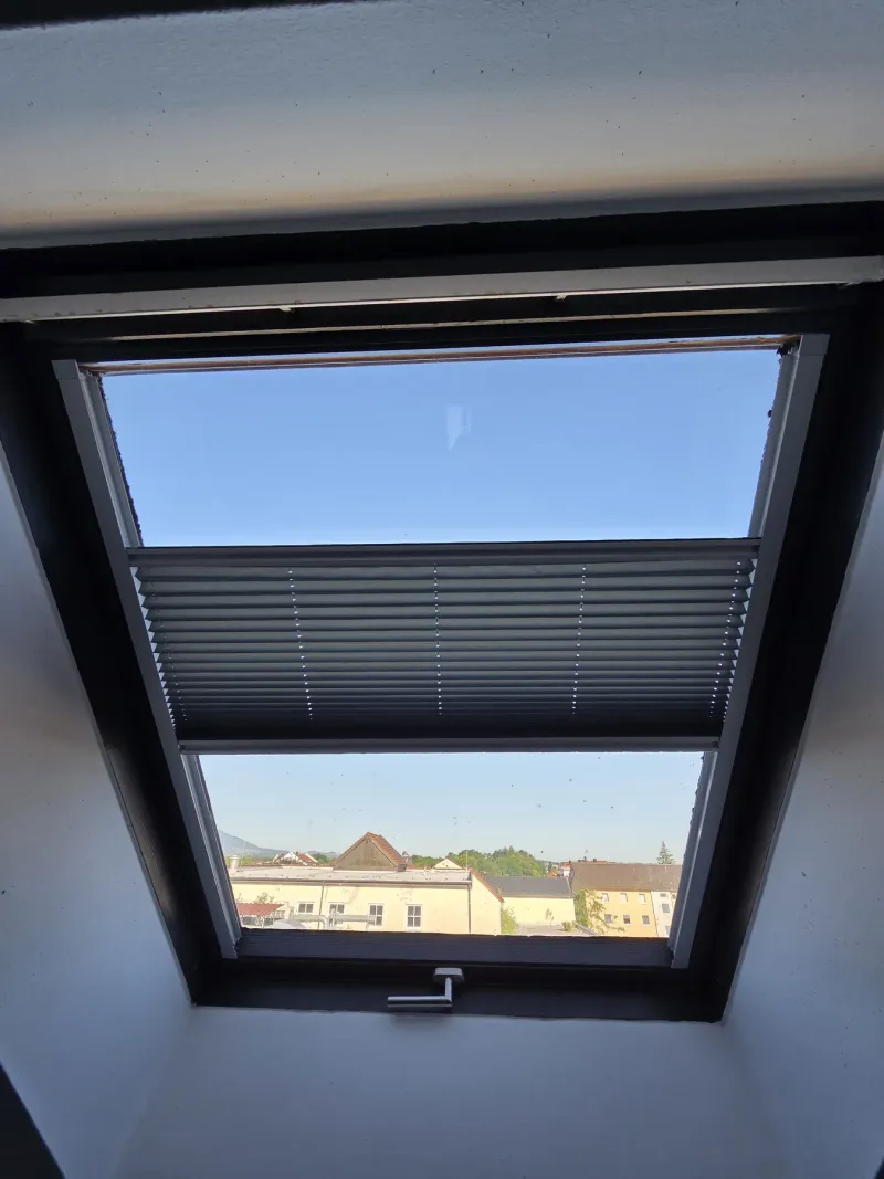 Dachfenster mit integriertem Sonnenschutz und Blick nach aussen