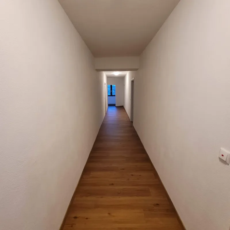 Heller Flur mit ruhigen Wandflächen und durchgehendem Boden