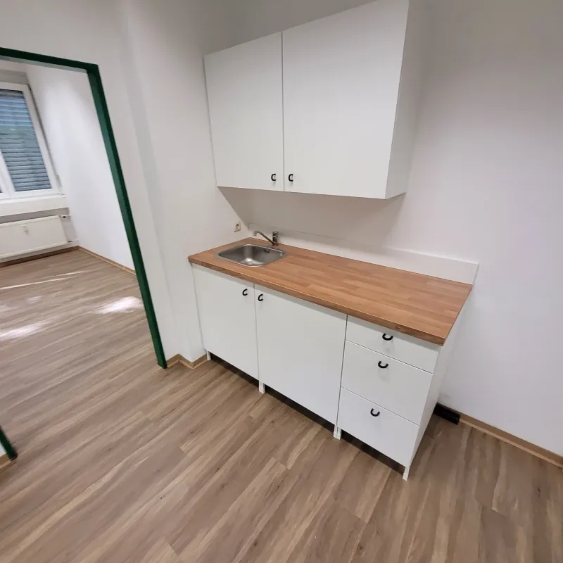 Modernisierter Wohnbereich mit heller Kuechenzeile und neuem Boden